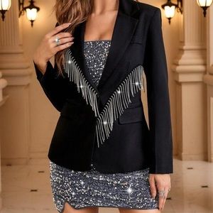 Shein Bae Fringe Trim Single Button Blazer Black Sz 4 Women’s